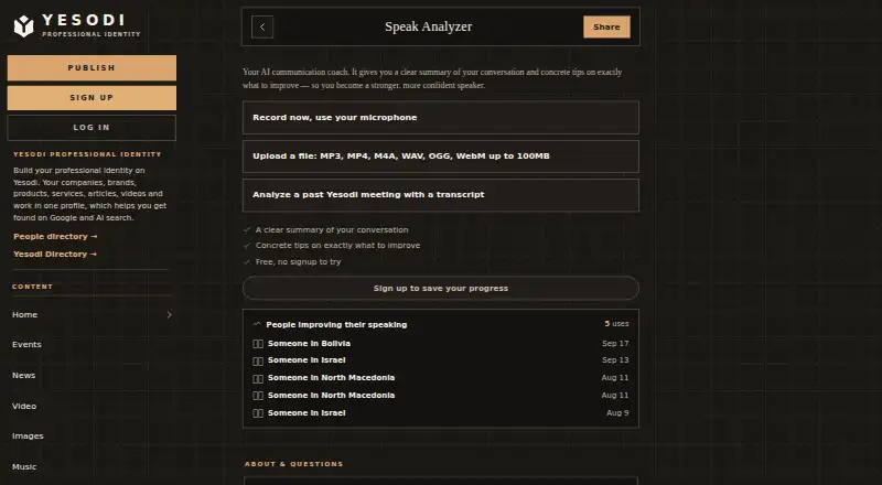 The Speak Analyzer homepage