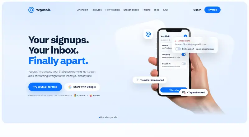The YeyMail homepage