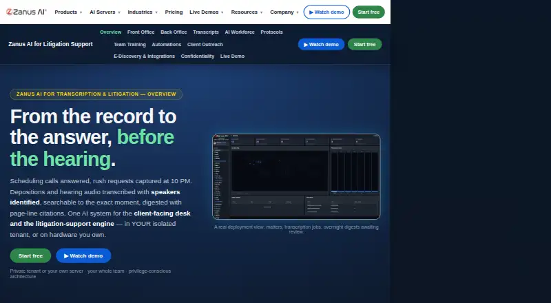 The Zanus AI for Transcription & Litigation homepage