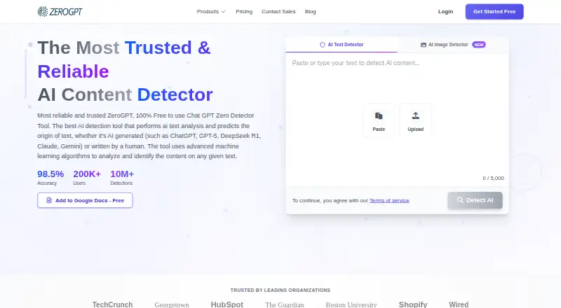 The ZeroGPT homepage