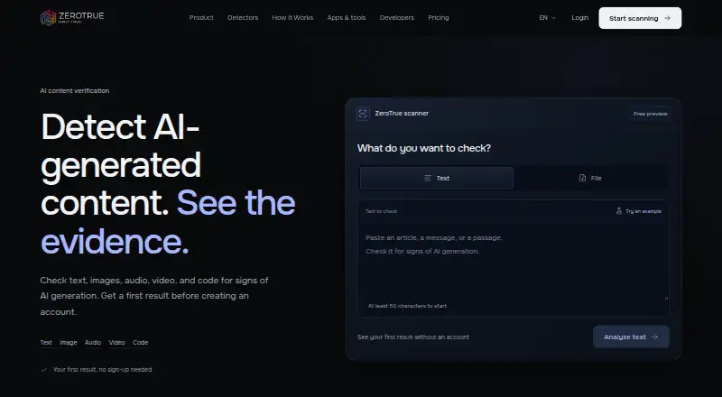 The ZeroTrue homepage