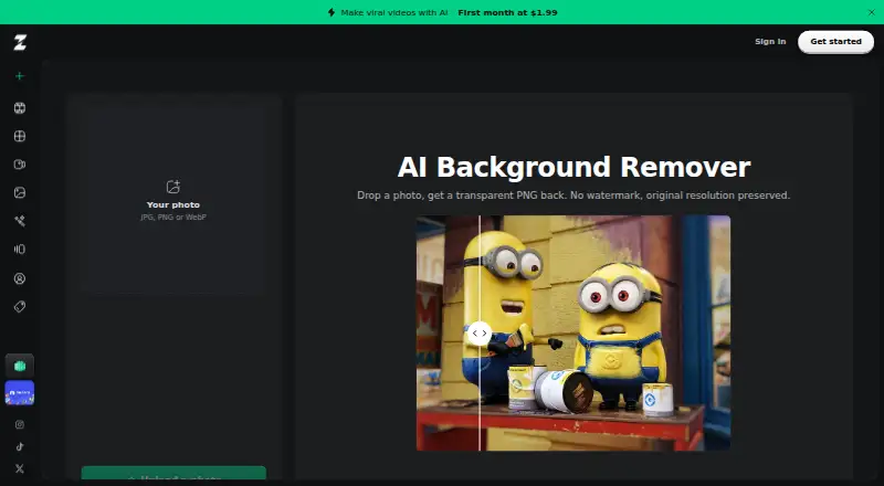 The Zevor Background Remover homepage