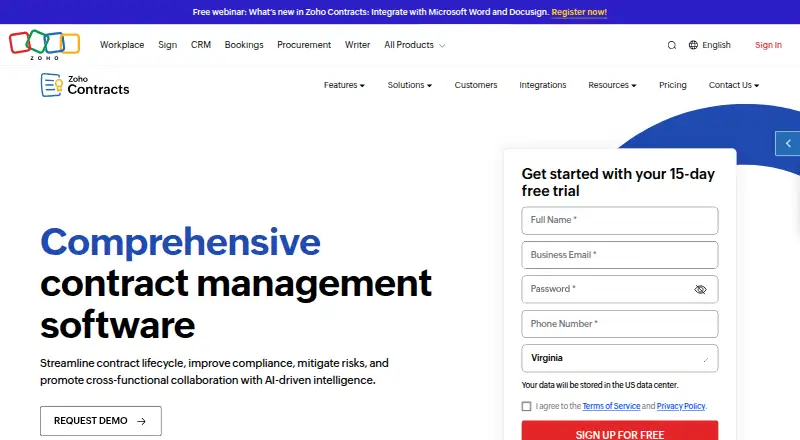The Zoho Contracts homepage