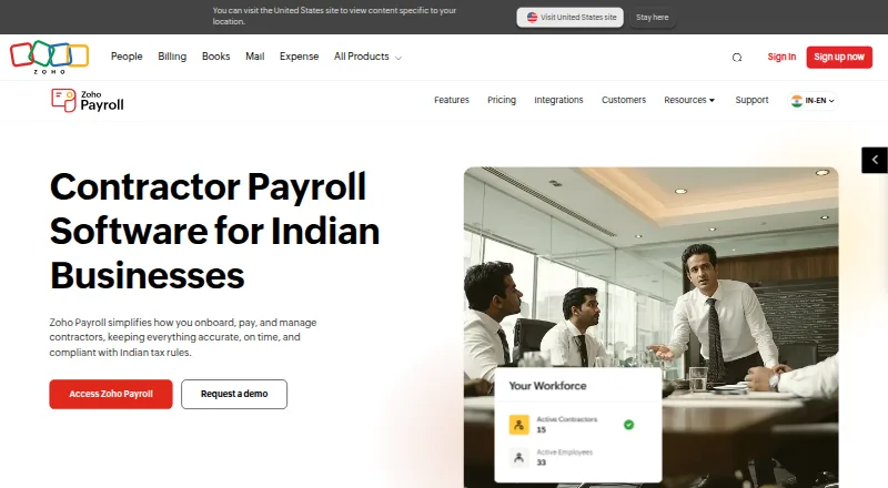 The Zoho Payroll homepage