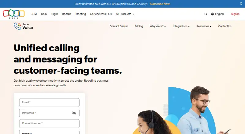 The Zoho Voice homepage