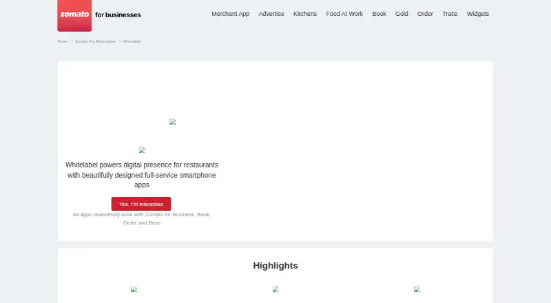 The Zomato Whitelabel homepage